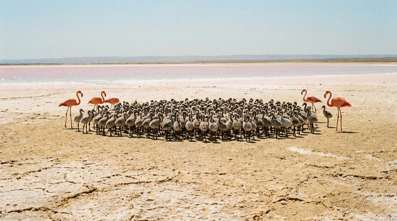 A large group of grey flamingo chicks huddles together in a 'daycare' guarded by a few adult babysitters.