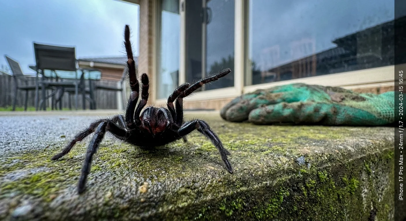 A large, shiny black spider rearing up in a defensive pose on a concrete backyard step.