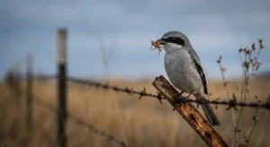 A Loggerhead Shrike perched on a rusted barbed wire fence with a grasshopper in its beak, set against a soft prairie sunrise.