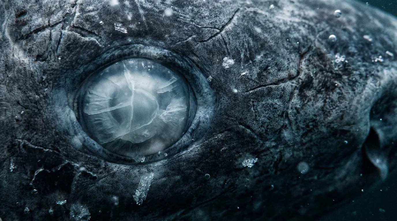 A macro close-up of a Greenland shark's eye, showing the ancient, weathered texture of its skin and the crystalline lens.