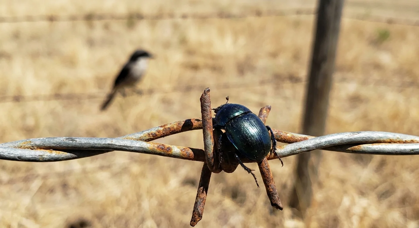 A macro photograph of a beetle impaled on a barbed wire fence barb, with a bird silhouette in the blurry distance.