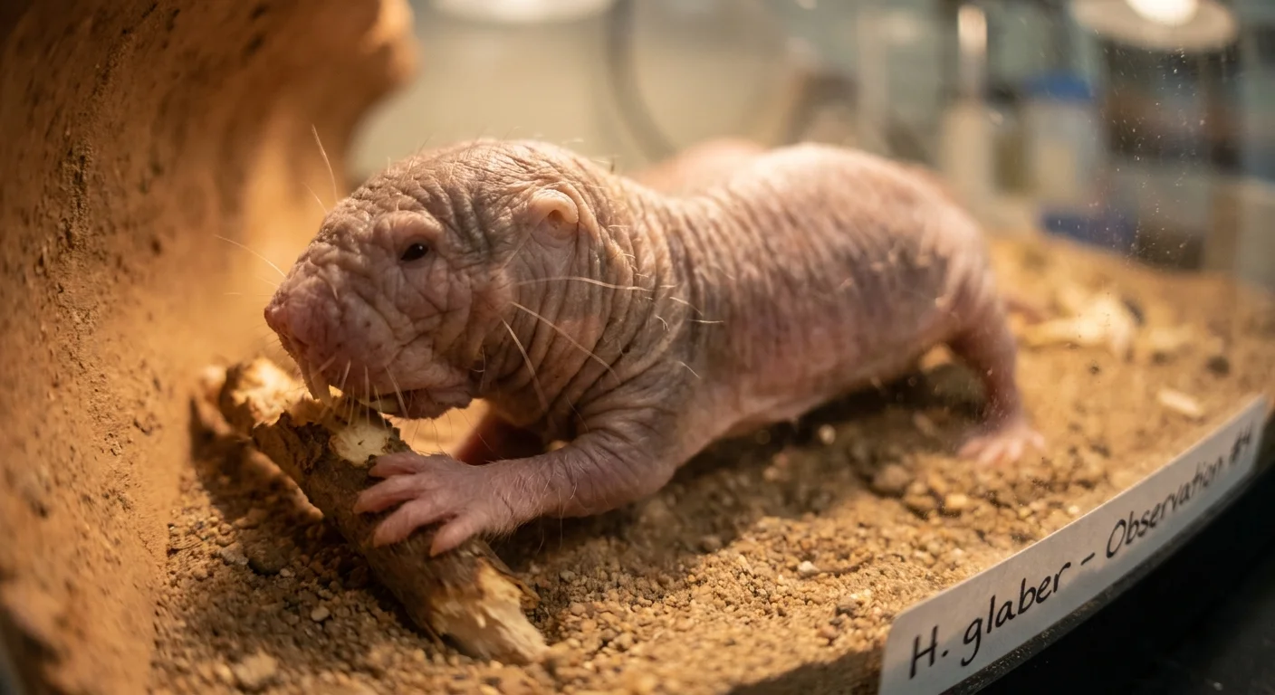 A macro photograph of a naked mole-rat in its burrow, showing its wrinkled skin and specialized digging teeth.