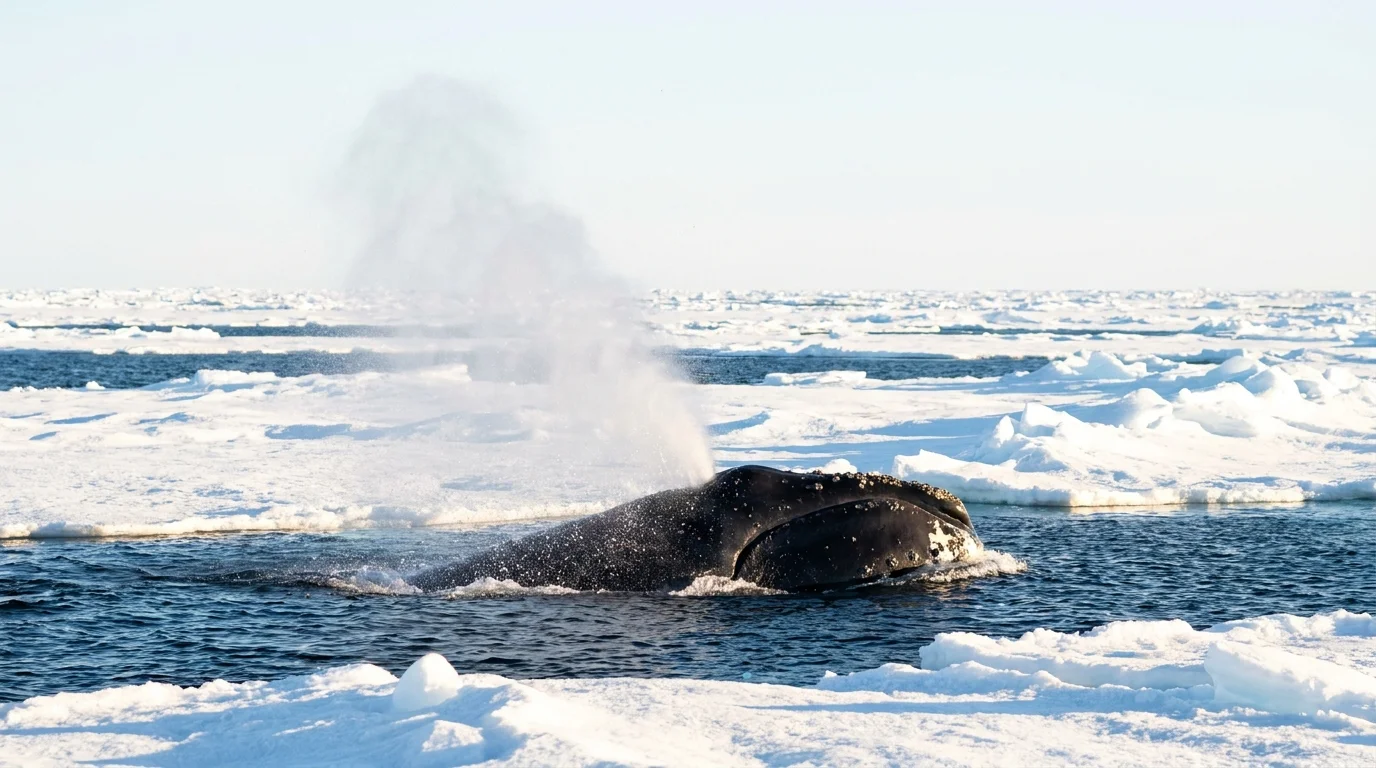 A massive Bowhead Whale surfacing in a gap between Arctic ice floes, with a plume of mist rising from its blowhole.