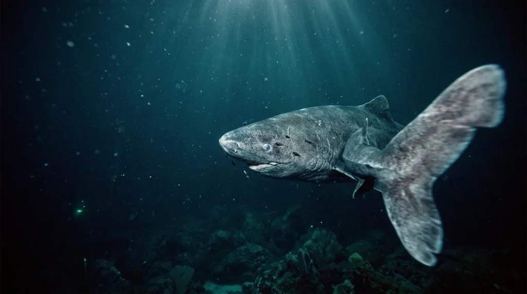 A massive Greenland shark swimming through dark, icy Arctic waters with sunbeams filtering from above.
