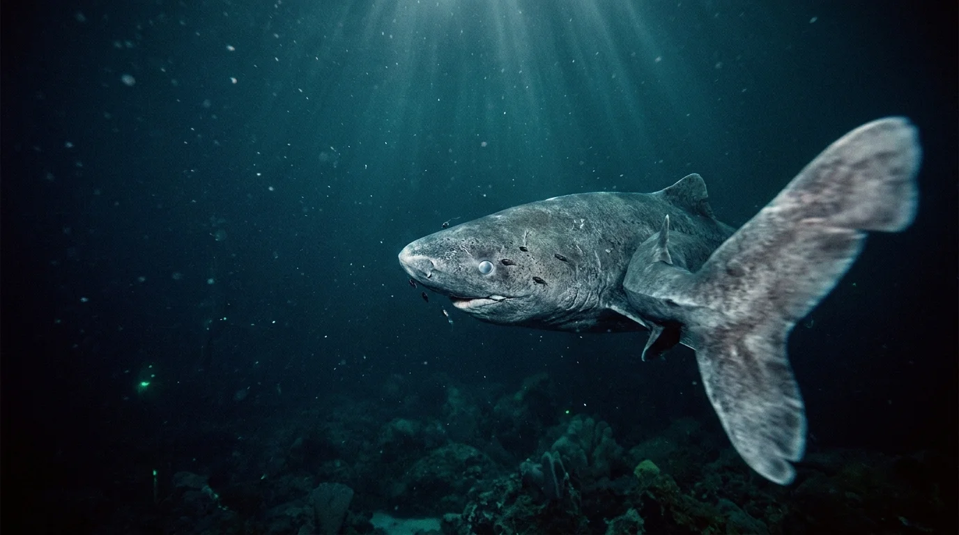 A massive Greenland shark swimming through dark, icy Arctic waters with sunbeams filtering from above.