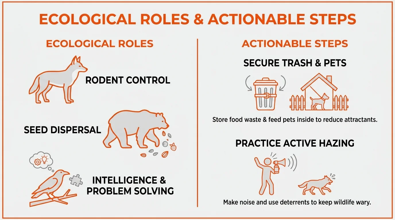 A minimalist infographic showing the ecological roles of animals and tips for protecting wildlife, like securing trash.