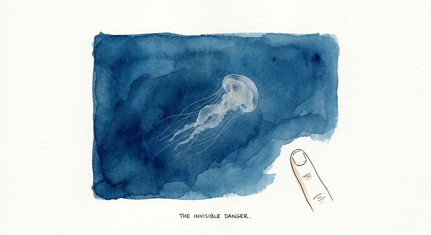 A minimalist watercolor of a tiny, nearly transparent jellyfish in a blue ocean, shown next to a finger for scale.