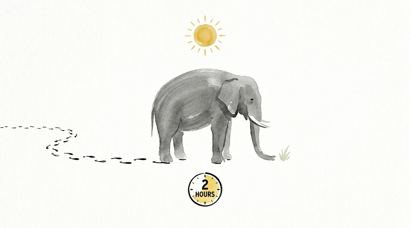 A minimalist watercolor of an elephant standing still with a '2 hours' clock icon, representing its short sleep cycle.
