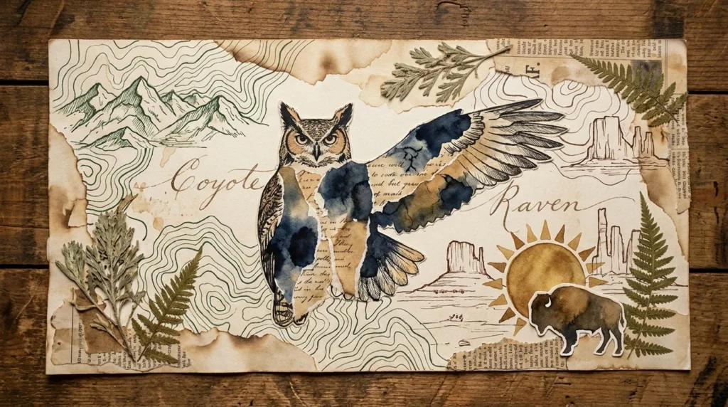 A mixed media collage of North American animals including an owl, bison, and eagle, layered with vintage maps and ink sketches.