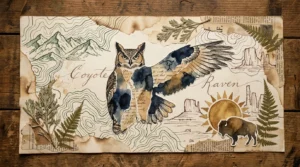 A mixed media collage of North American animals including an owl, bison, and eagle, layered with vintage maps and ink sketches.
