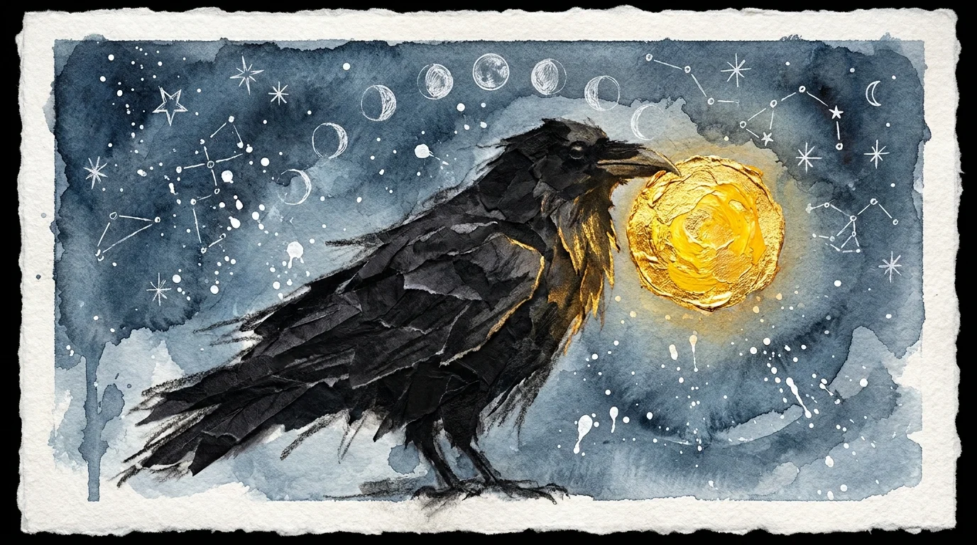 A mixed media piece of a black raven holding a gold-leaf sun in its beak against a blue watercolor background.