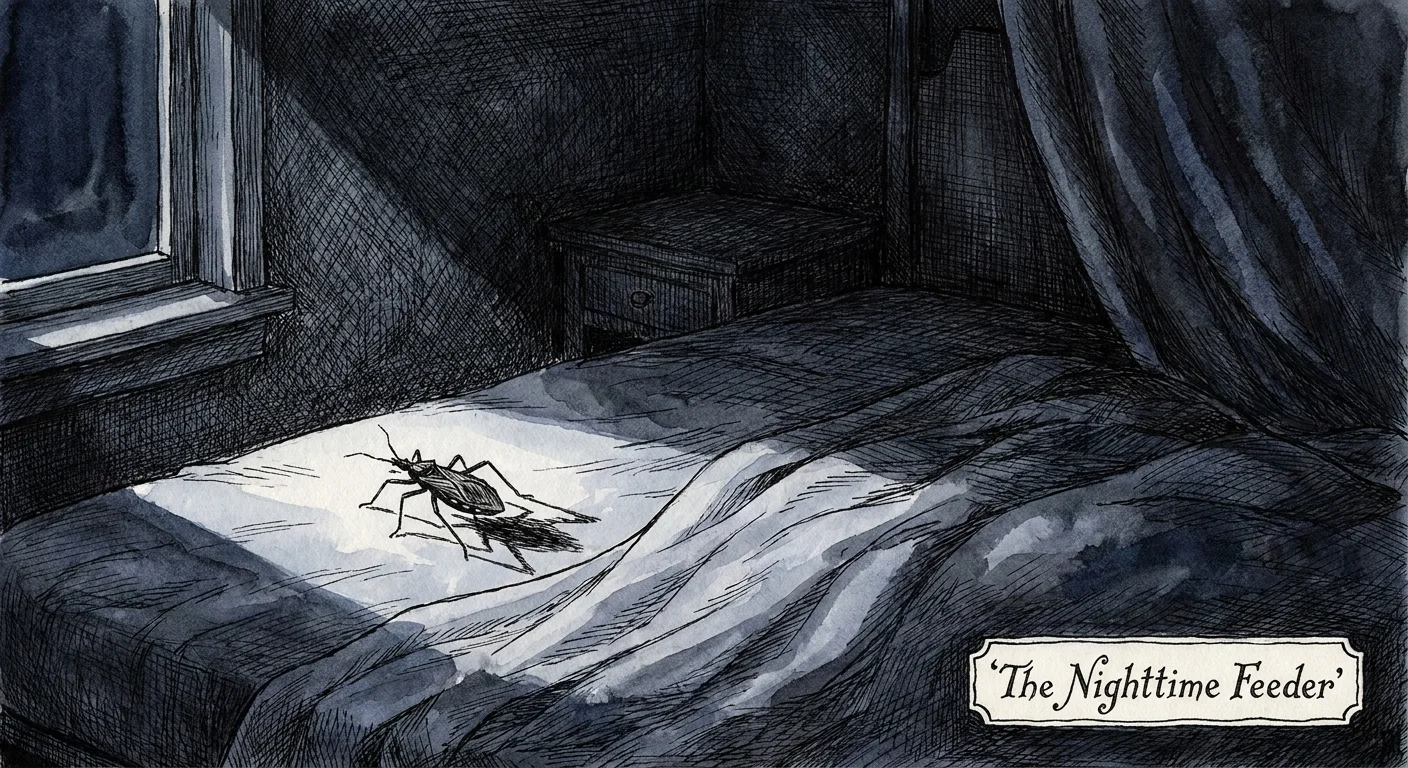 A moody, dark ink drawing of a bug crawling on a bedsheet at night in the moonlight.