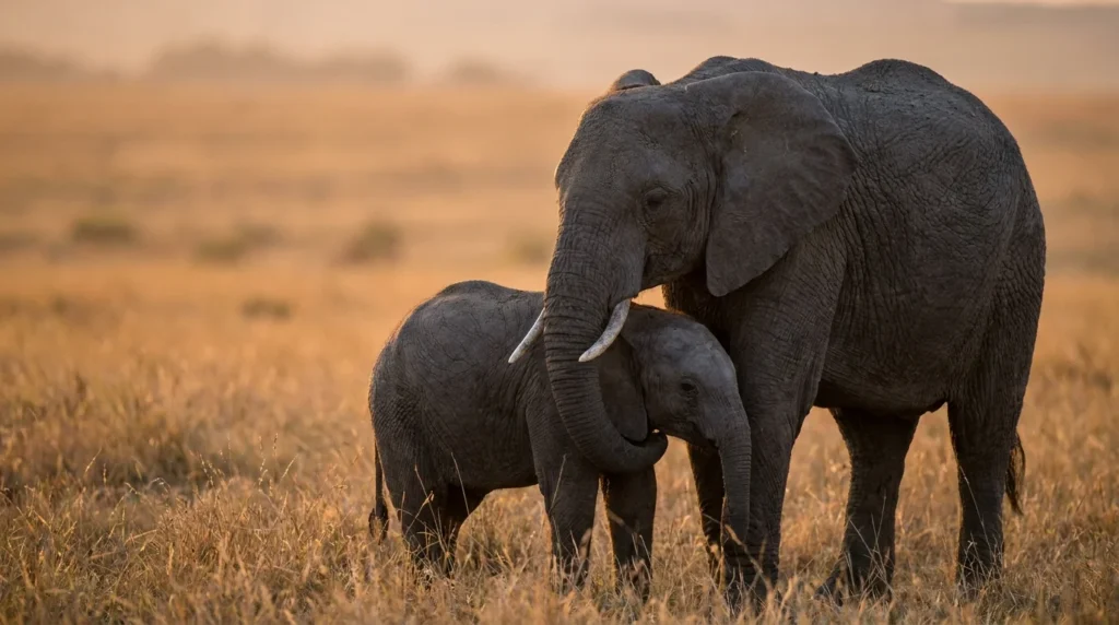 A mother elephant gently wraps her trunk around her calf in a protective embrace on the golden African savanna at sunset.