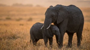 A mother elephant gently wraps her trunk around her calf in a protective embrace on the golden African savanna at sunset.
