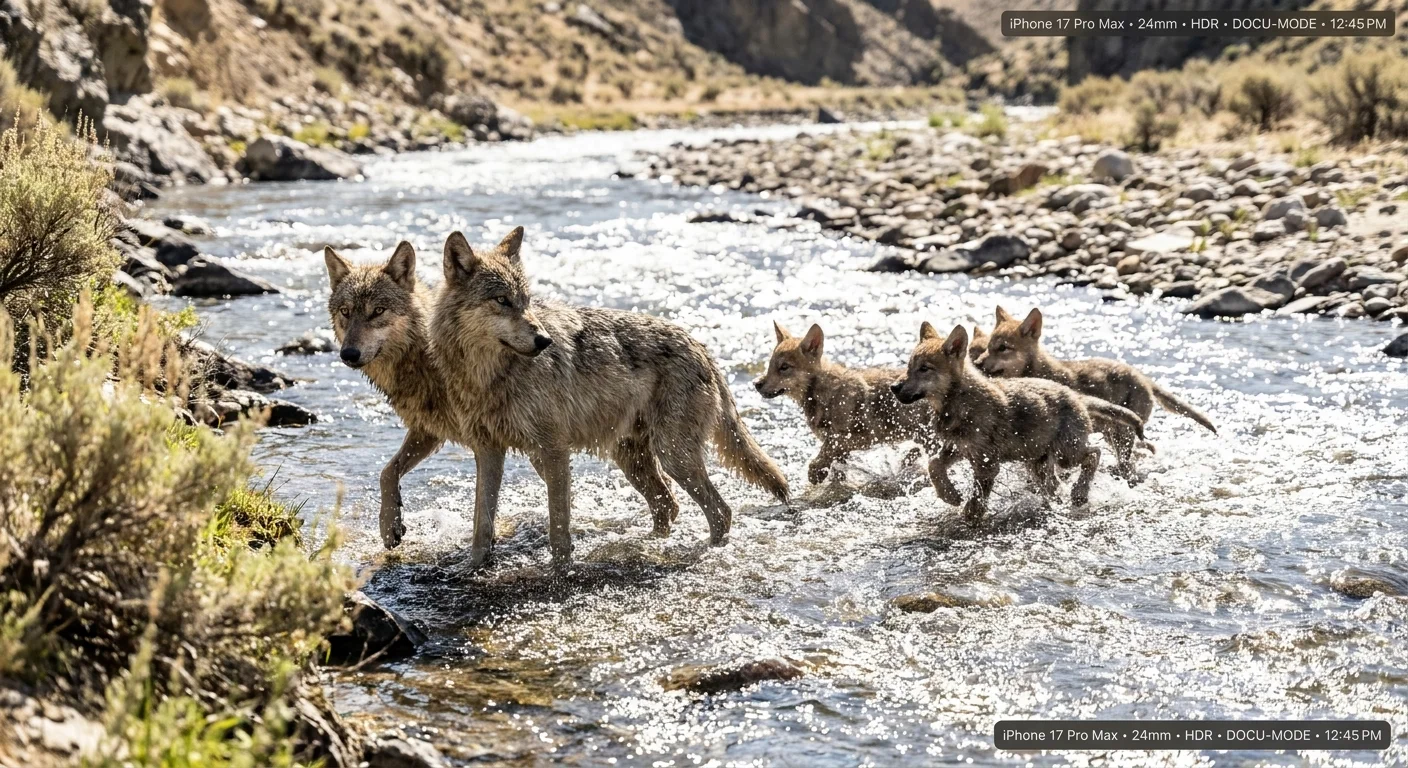 A pack of gray wolves crosses a shallow, sunlit river together, led by the alpha pair.