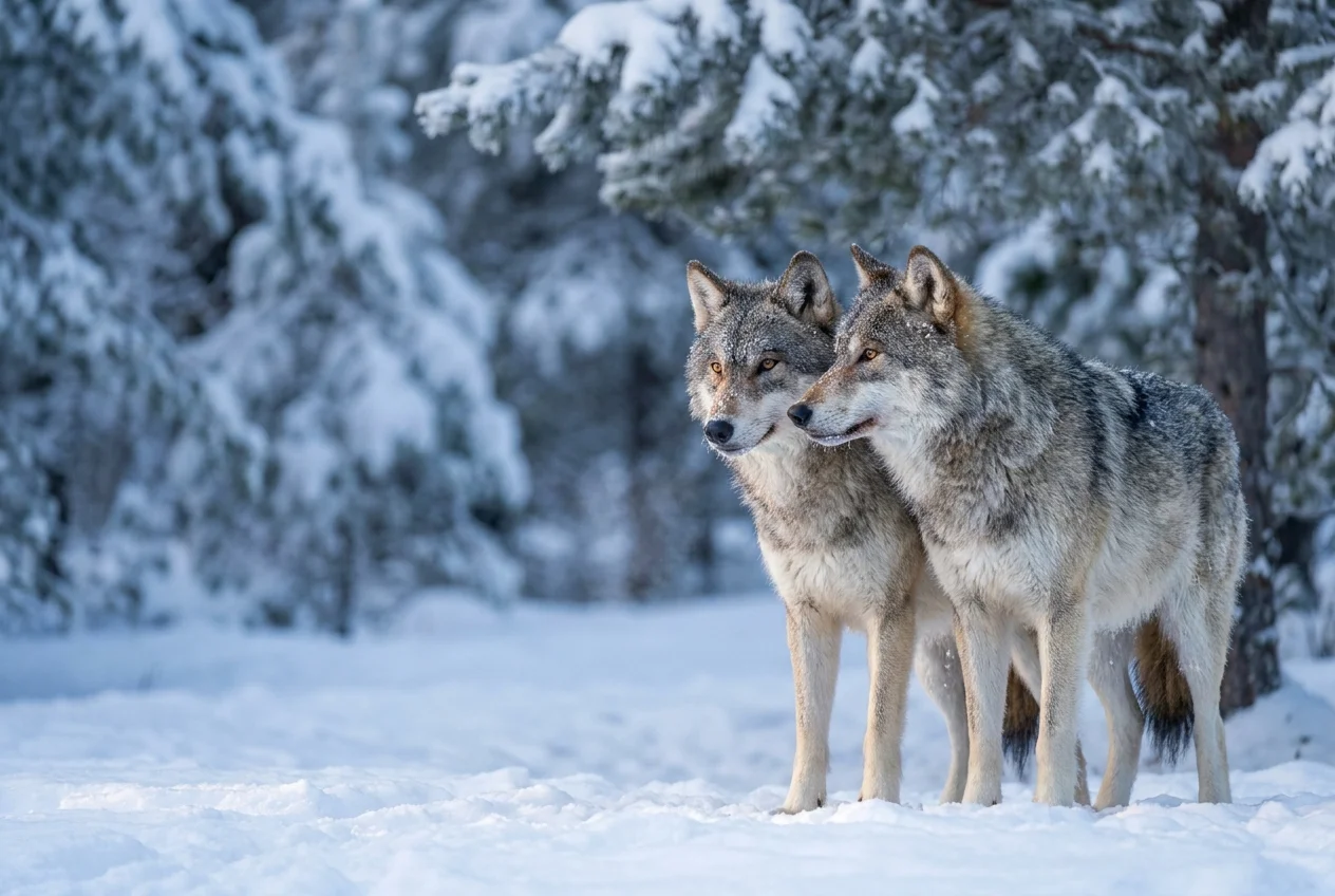A pair of gray wolves stand close together in a snowy pine forest at dawn, one resting its head on the other's shoulder.