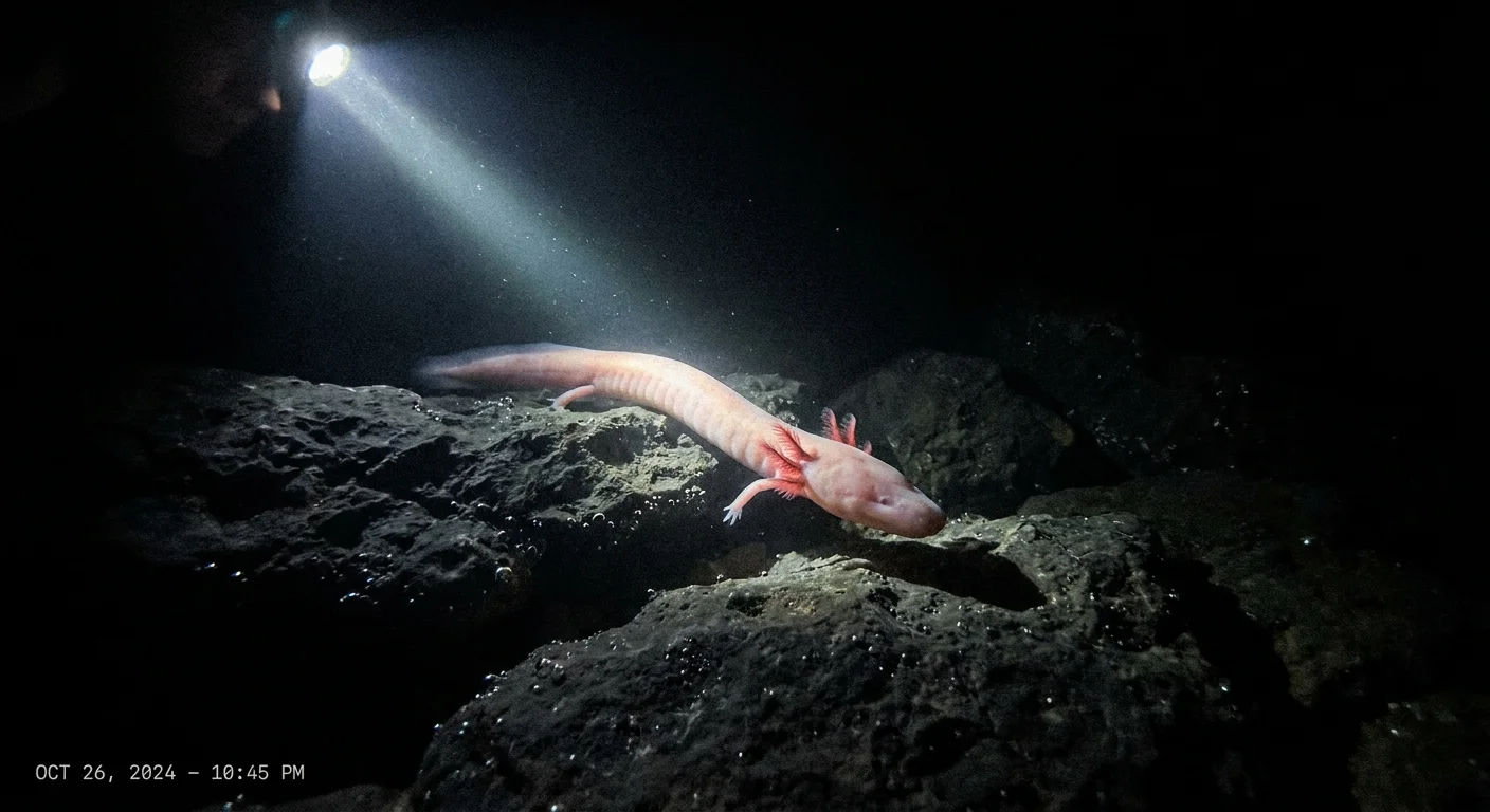 A pale, slender Olm salamander swimming over dark rocks in the light of a cave diver's lamp.