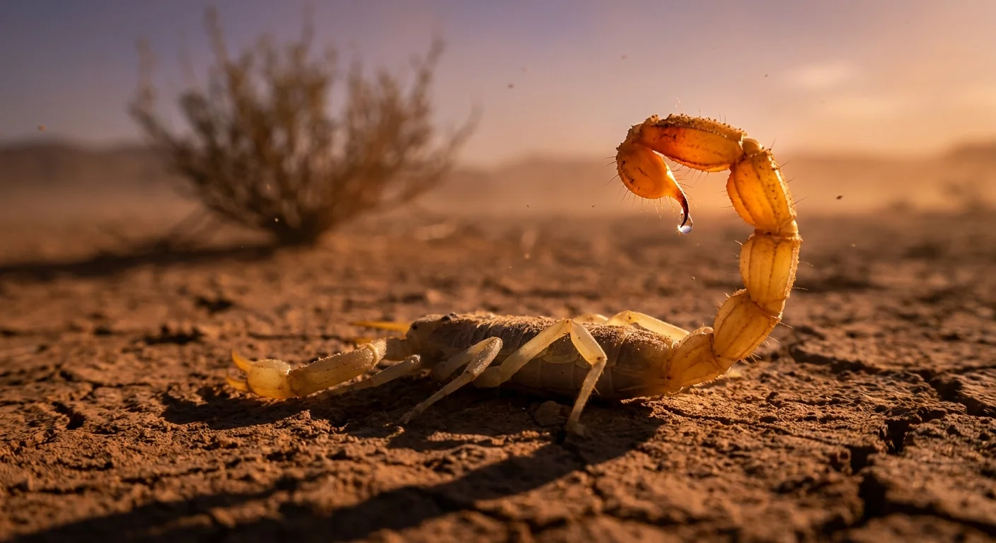 A pale yellow scorpion with its stinger raised on cracked desert ground during a glowing sunset.