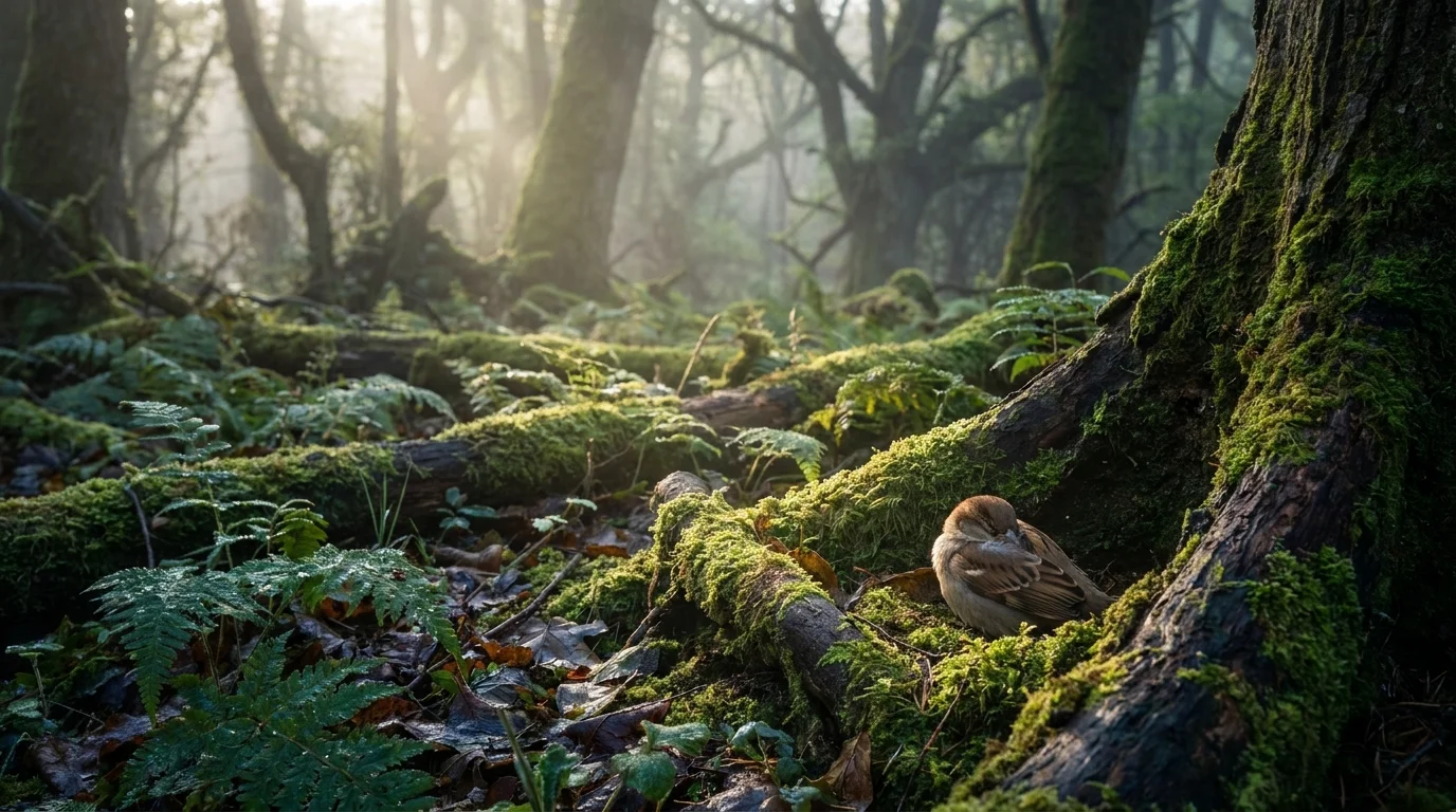 A peaceful photo of a small bird sleeping in a mossy forest nook during a misty dawn, representing nature's need for rest.