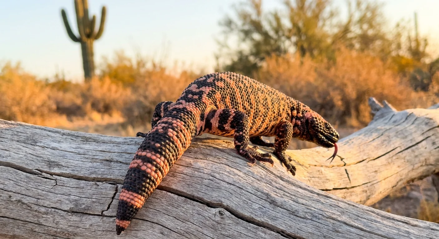 A photo of a Gila Monster on a log, showing its thick, patterned tail used for storing fat and water.