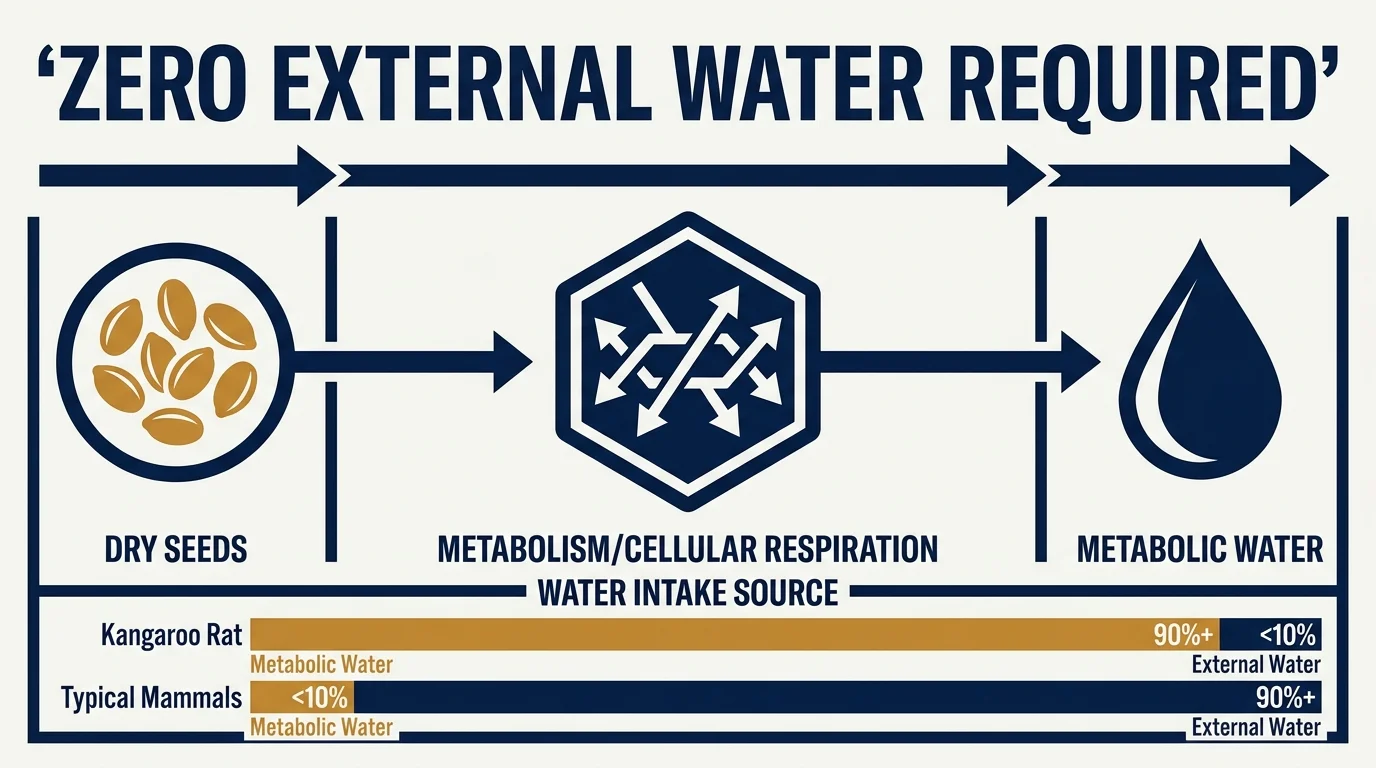 A process diagram showing how a Kangaroo Rat converts dry seeds into metabolic water, eliminating the need for liquid water.