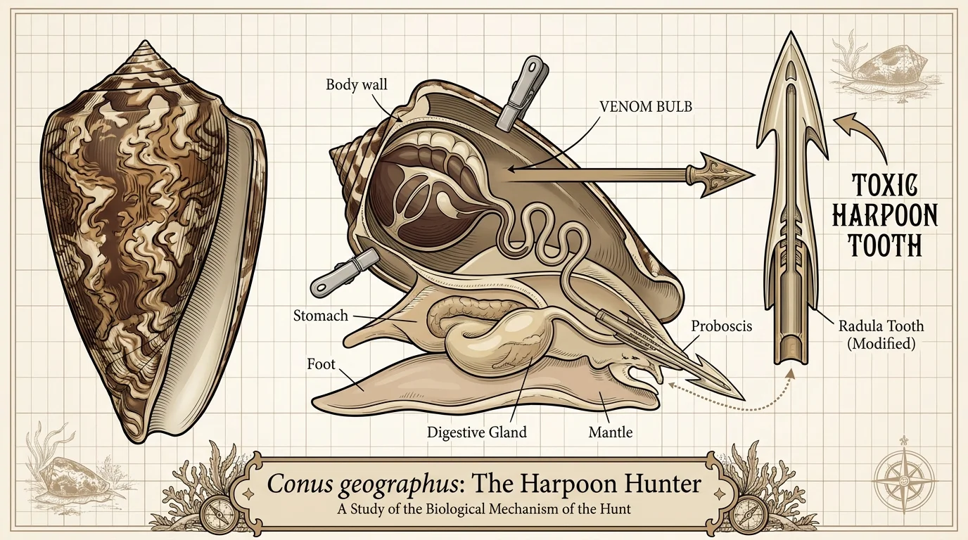 A scientific cross-section diagram of a cone snail shell showing its internal venomous harpoon mechanism.