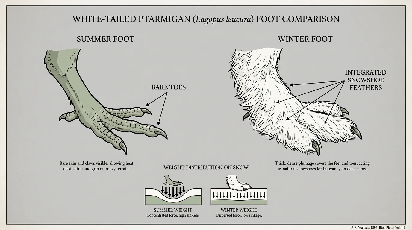 A scientific diagram comparing a regular bird foot to the feather-covered 'snowshoe' foot of a Ptarmigan.