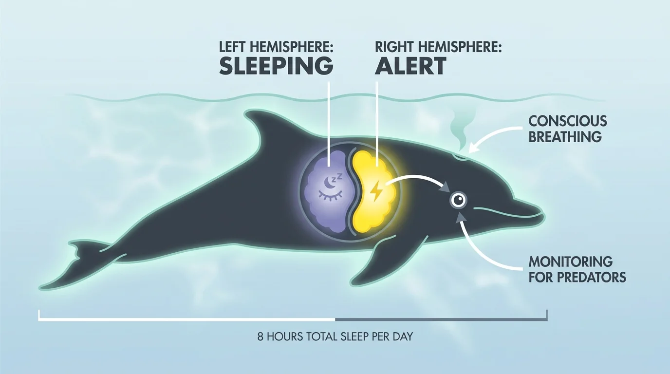 A scientific diagram showing a dolphin's brain split into sleeping and awake halves to allow for conscious breathing.