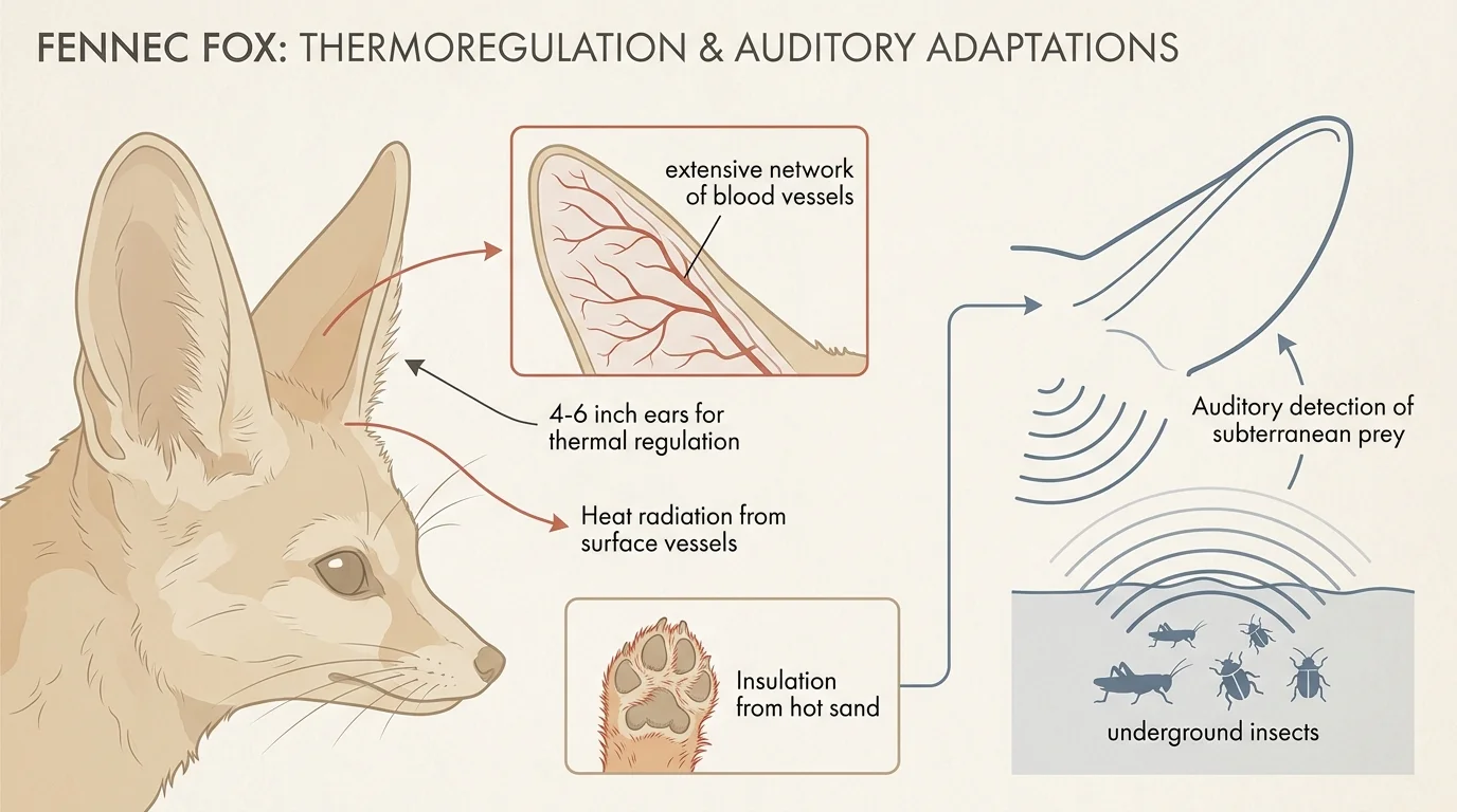 A scientific diagram showing how a Fennec Fox's 4-6 inch ears radiate heat and detect underground prey through blood vessels and sound.