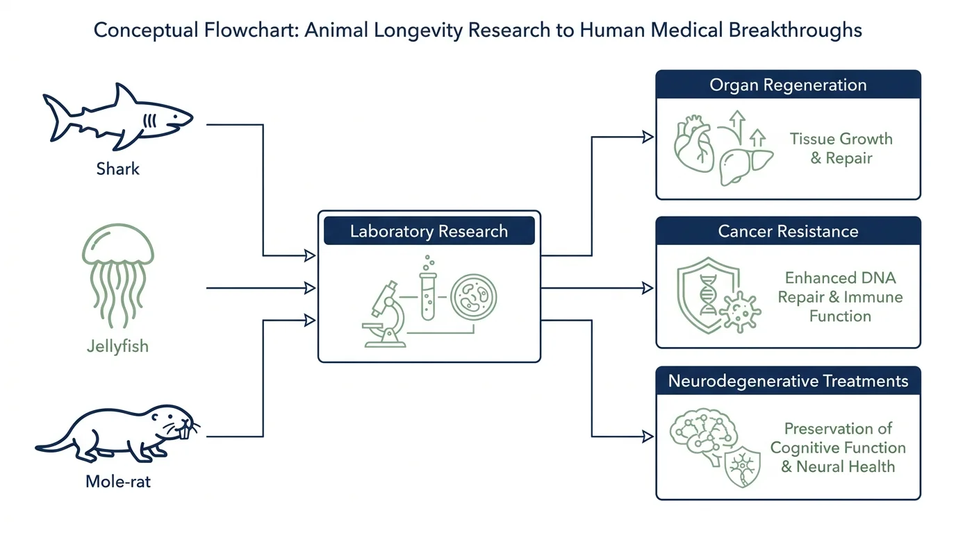 A scientific flowchart showing how studying animals like the immortal jellyfish leads to breakthroughs in human organ regeneration.