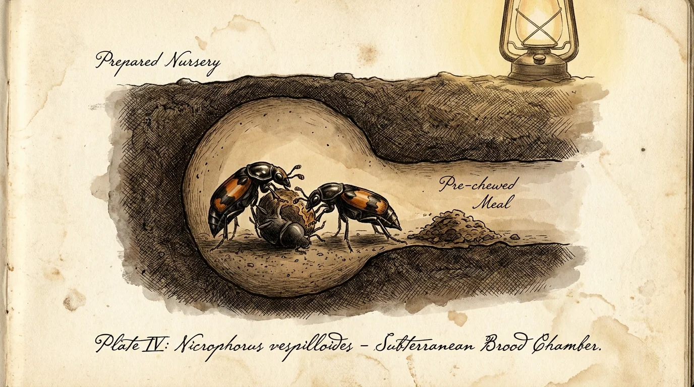 A scientific ink drawing showing a pair of beetles underground preparing a nest and food for their larvae.