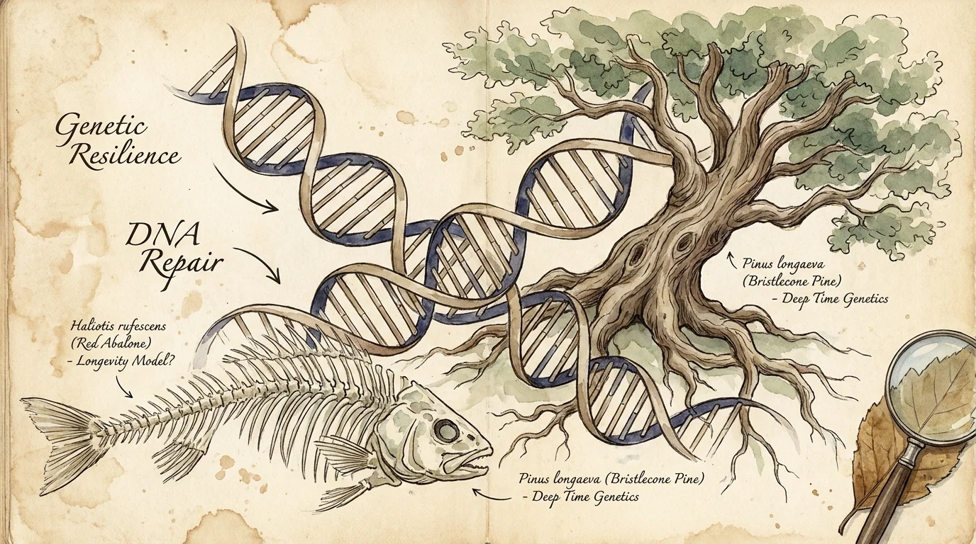 A scientific watercolor illustration merging a DNA strand with ancient natural elements like tree roots.