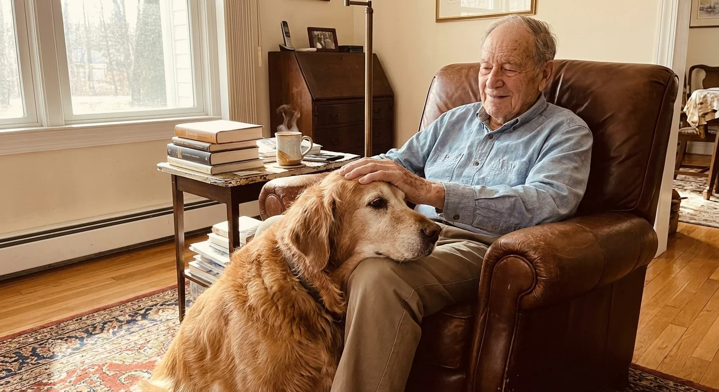 A senior Golden Retriever rests its head on an elderly man's lap in a cozy, sunlit living room.