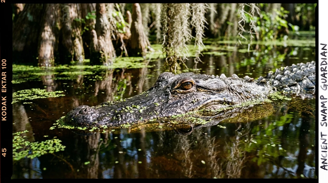 A sharp 35mm film photo of an alligator's eye and scales emerging from dark swamp water covered in green duckweed.