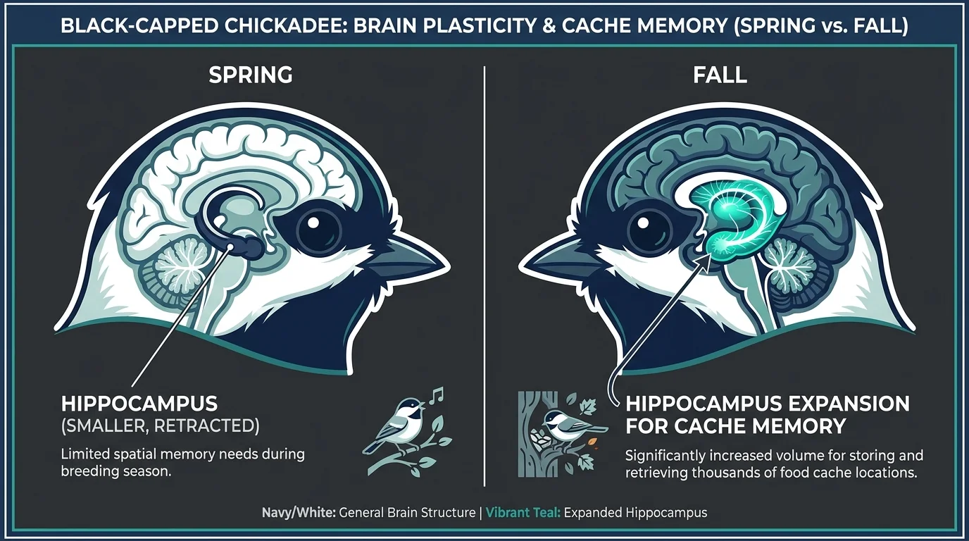 A side-by-side diagram of a chickadee brain showing the hippocampus growing larger in the fall to store more memories.