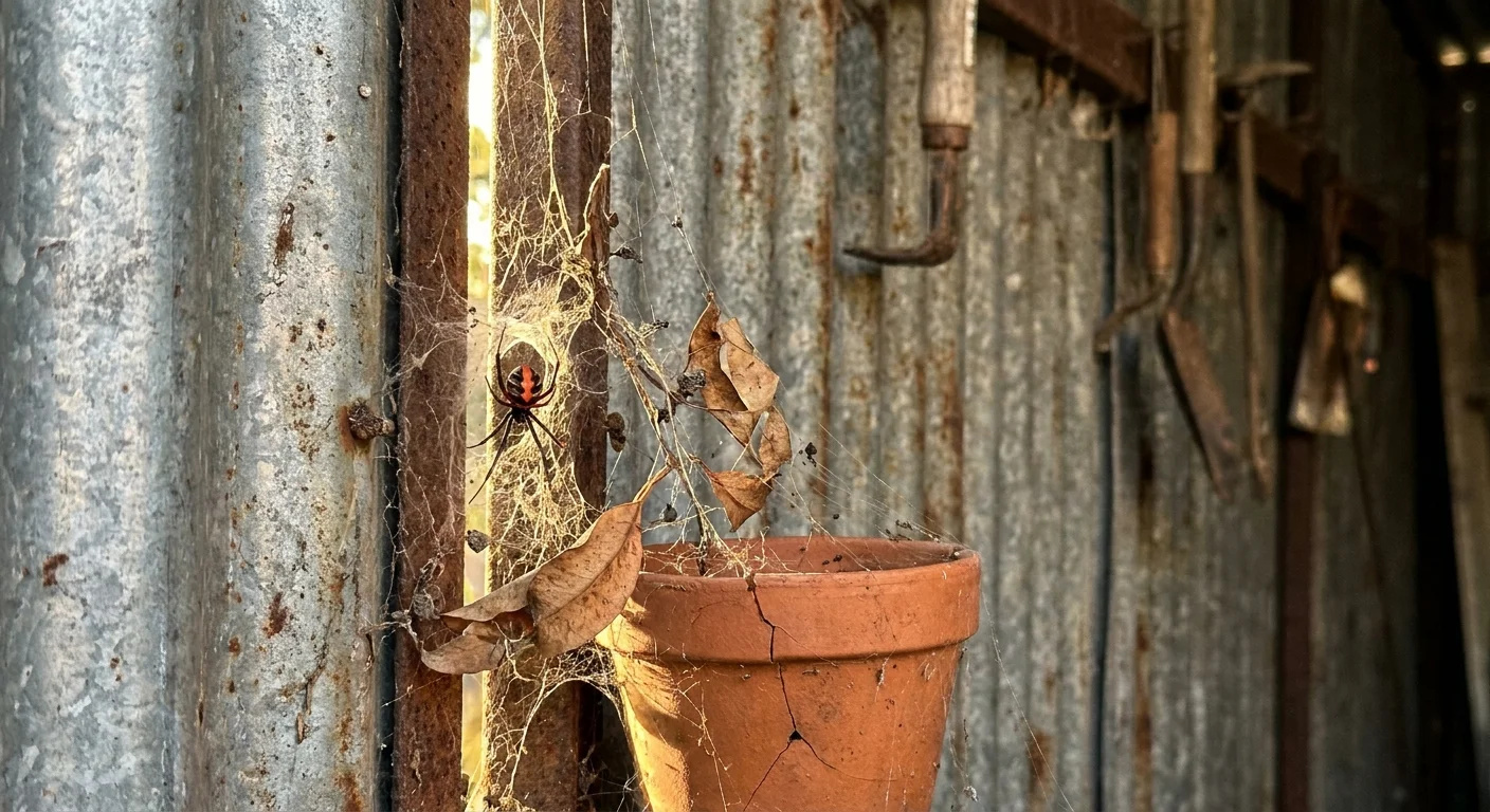 A small black spider with a bright red stripe on its back sitting in a web inside a rusty metal shed.