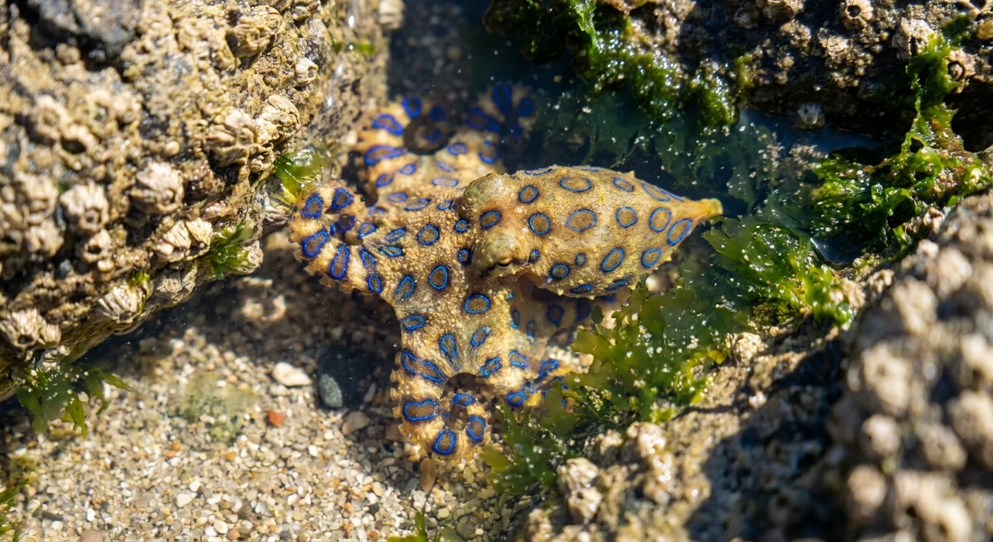A small octopus with glowing blue rings camouflaged among rocks and moss in a clear tide pool.