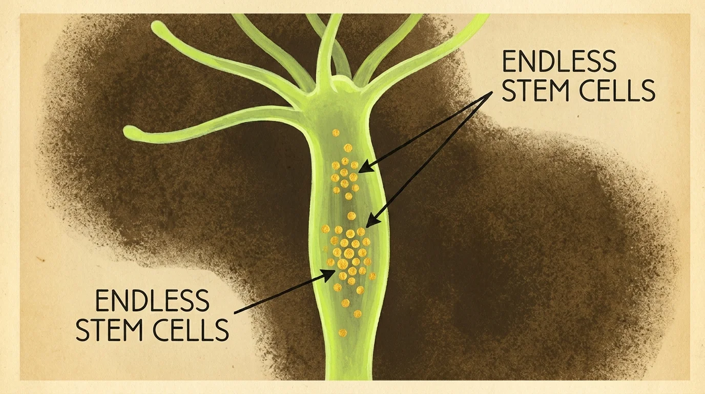 A stylized gouache drawing of a Hydra with glowing golden dots representing its infinite supply of regenerative stem cells.