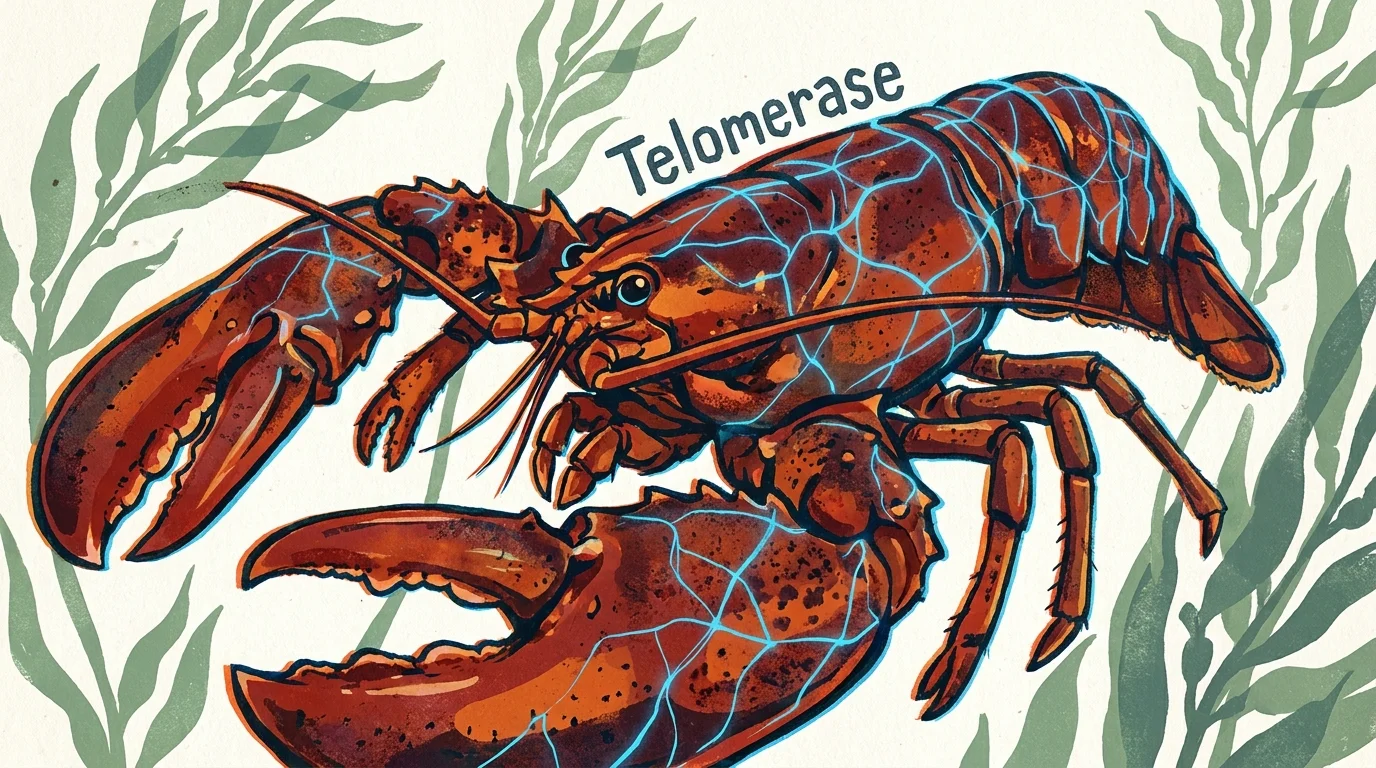 A stylized gouache illustration of a lobster with a glowing blue internal network representing its anti-aging enzymes.