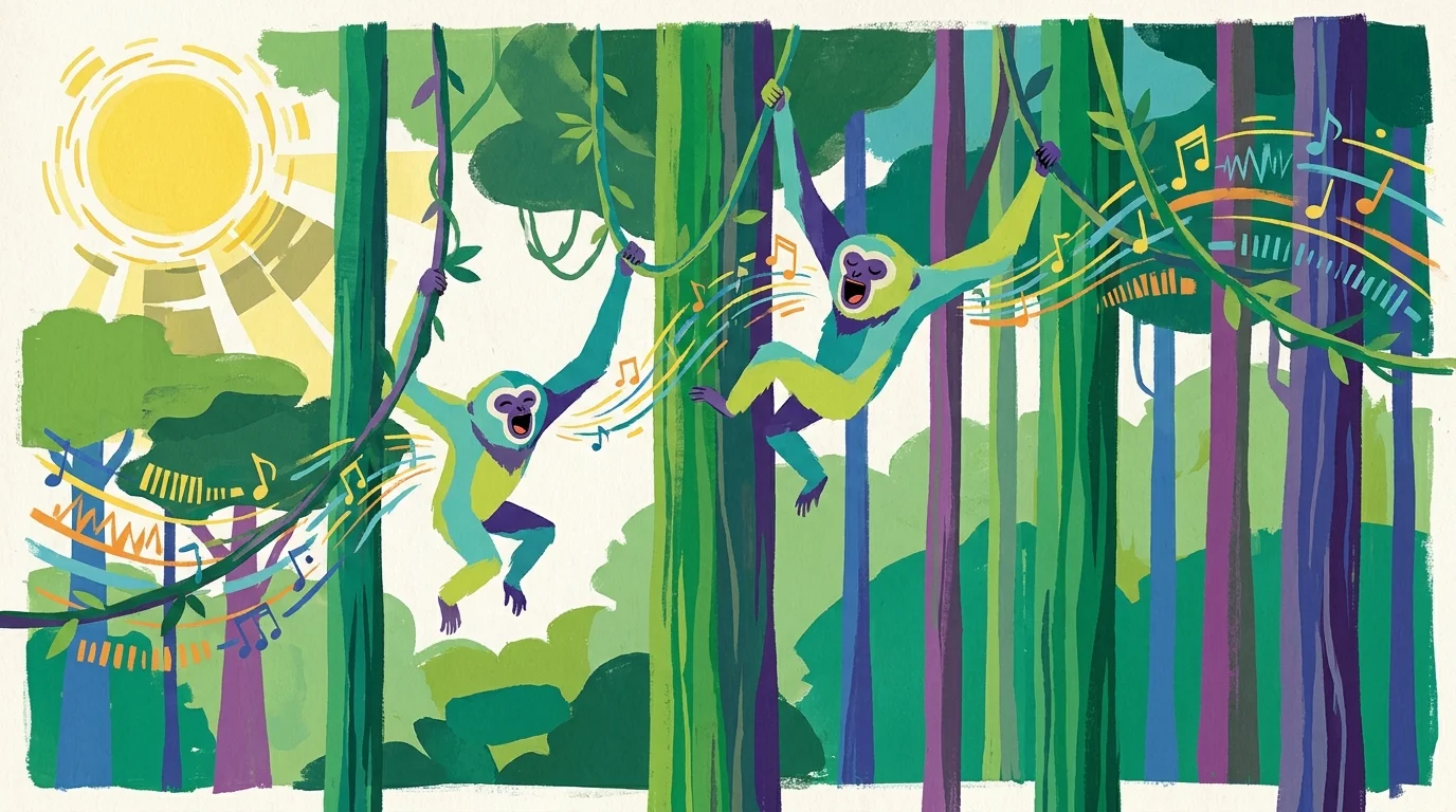A stylized gouache illustration of two gibbons singing together while swinging through a colorful jungle canopy.