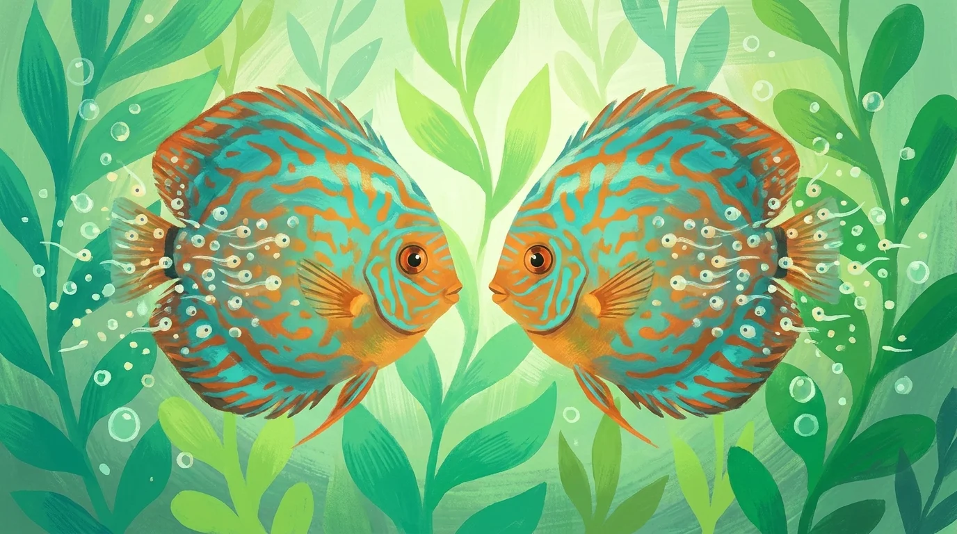 A stylized gouache painting of two colorful discus fish with dozens of tiny babies feeding from their sides.