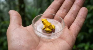 A tiny, bright yellow Golden Poison Frog sits in a glass dish held in a person's palm, showing its small size against a rainforest backdrop.