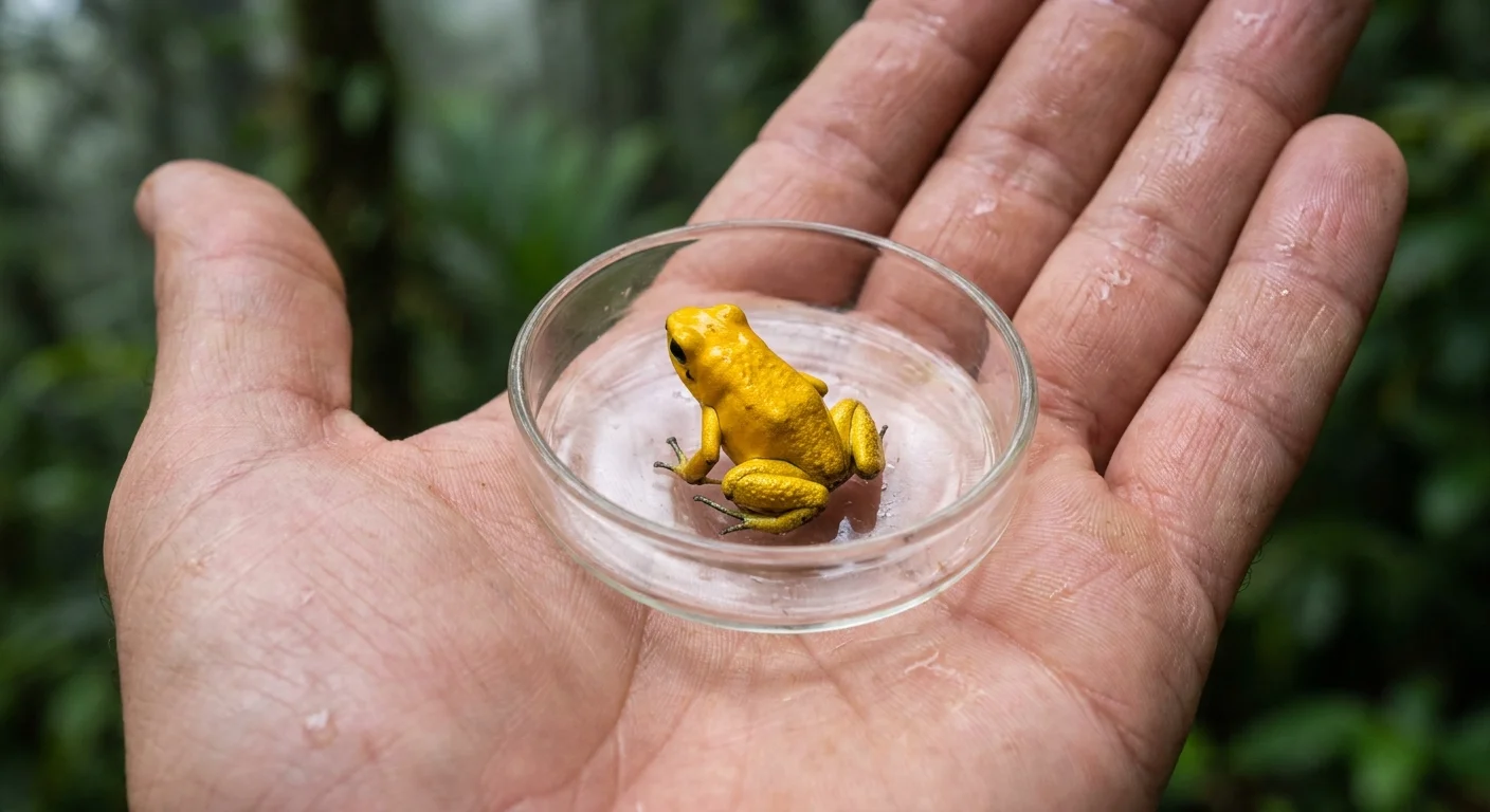 A tiny, bright yellow Golden Poison Frog sits in a glass dish held in a person's palm, showing its small size against a rainforest backdrop.