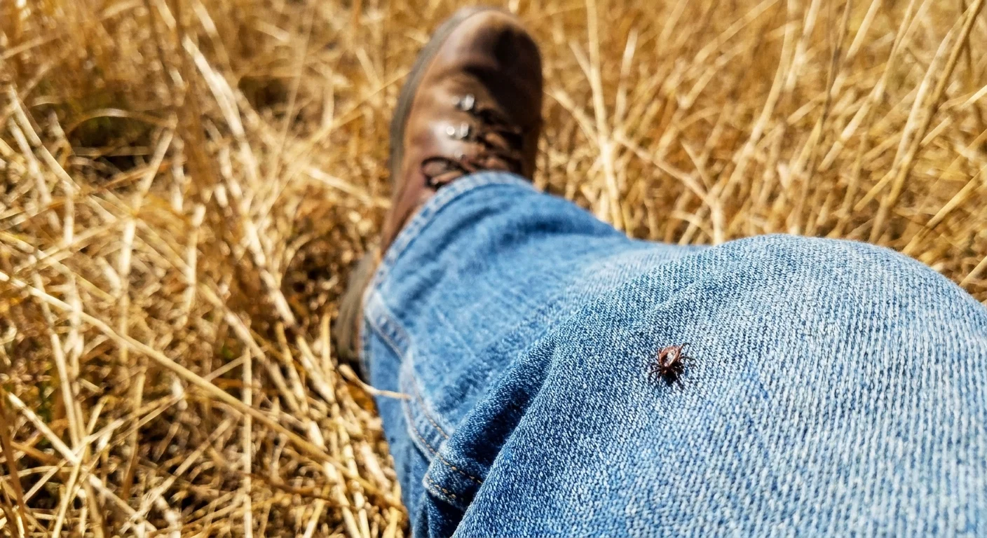 A tiny tick crawling on a pair of blue jeans as someone walks through tall grass.