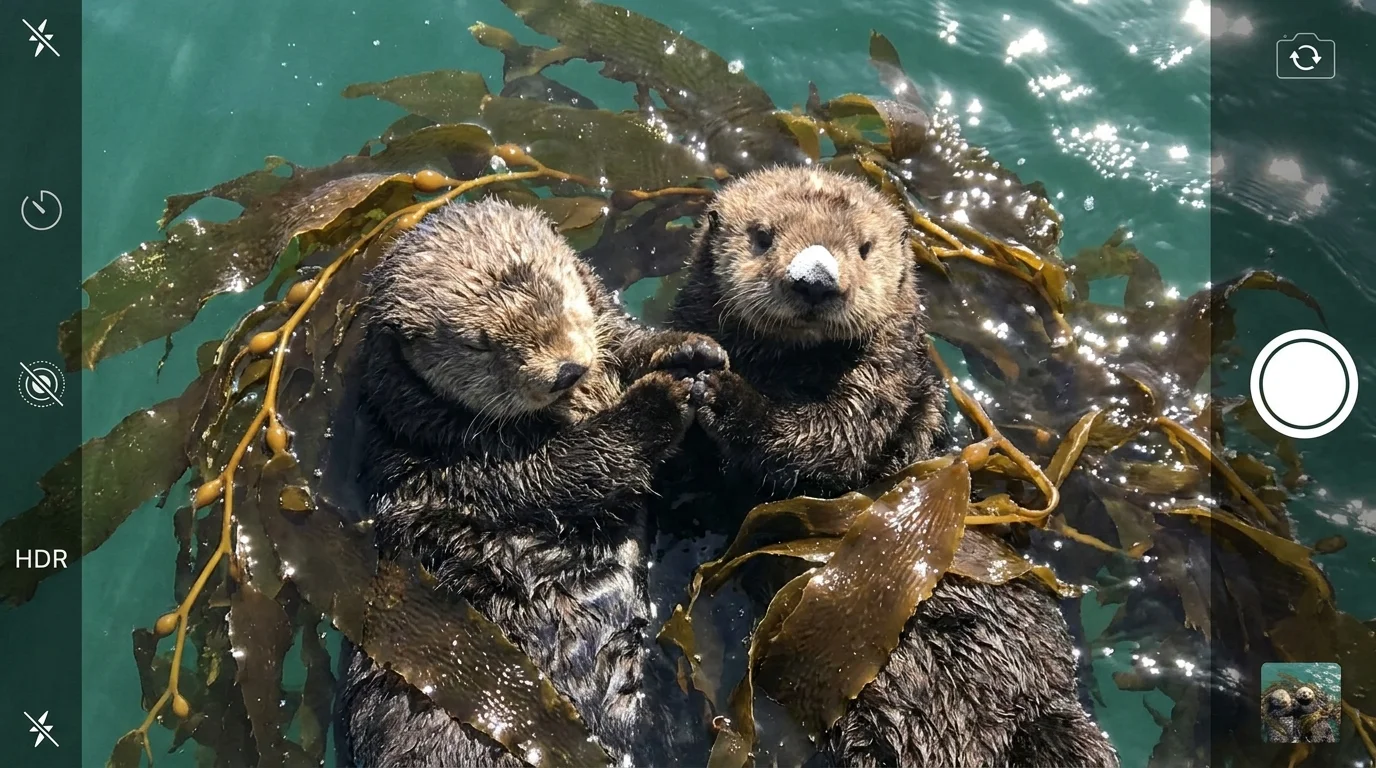 A top-down photo of two sea otters sleeping on their backs in kelp, holding each other's paws to avoid drifting apart.