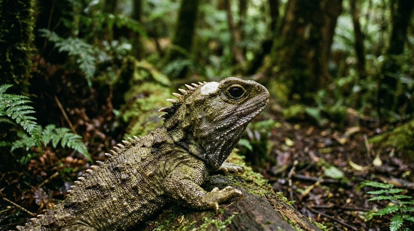 A Tuatara lizard-like reptile with a spiked back sitting on a mossy log in a lush green forest.