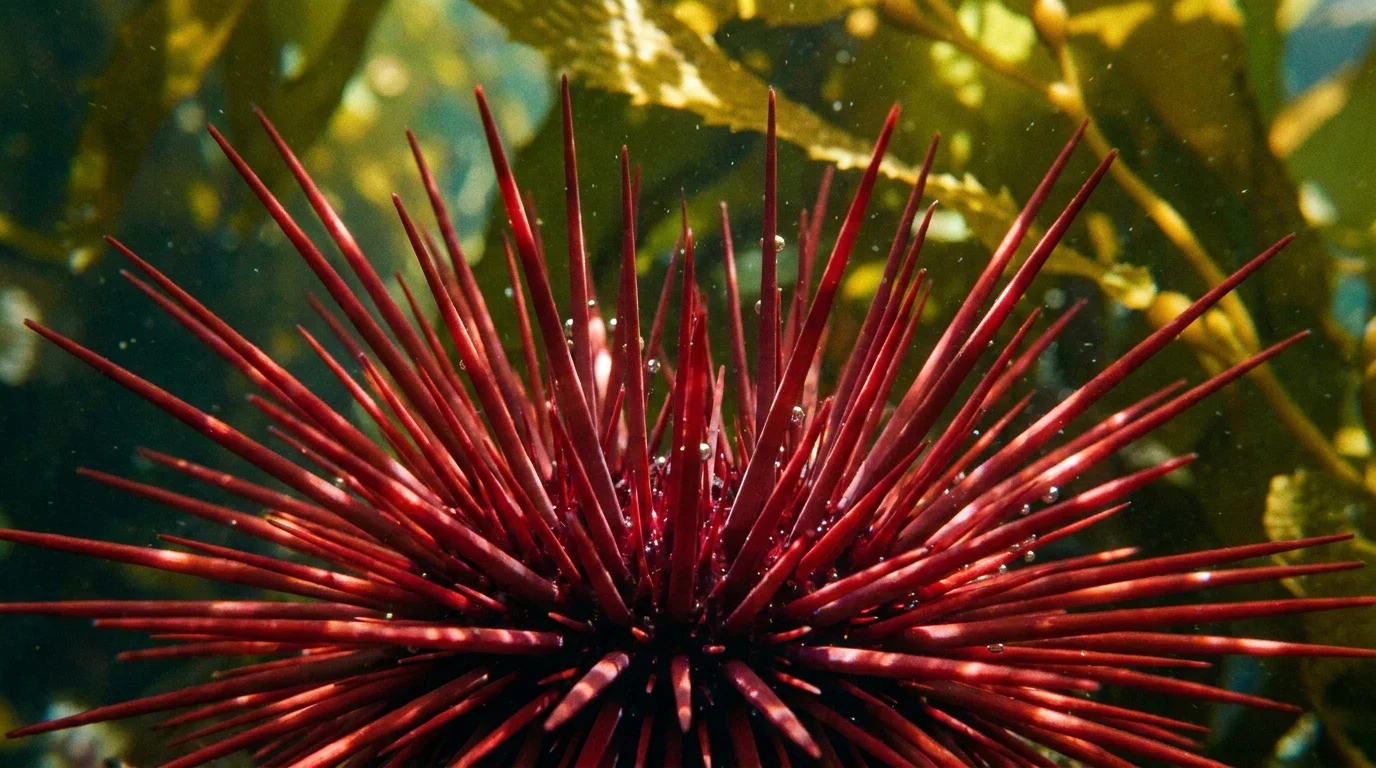 A vibrant red sea urchin with long, sharp spines nestled among golden-green kelp in a sunlit tide pool.