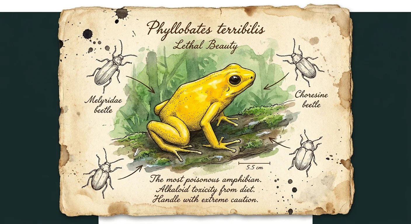 A vintage-style watercolor illustration of a bright yellow frog on a mossy log with scientific labels.