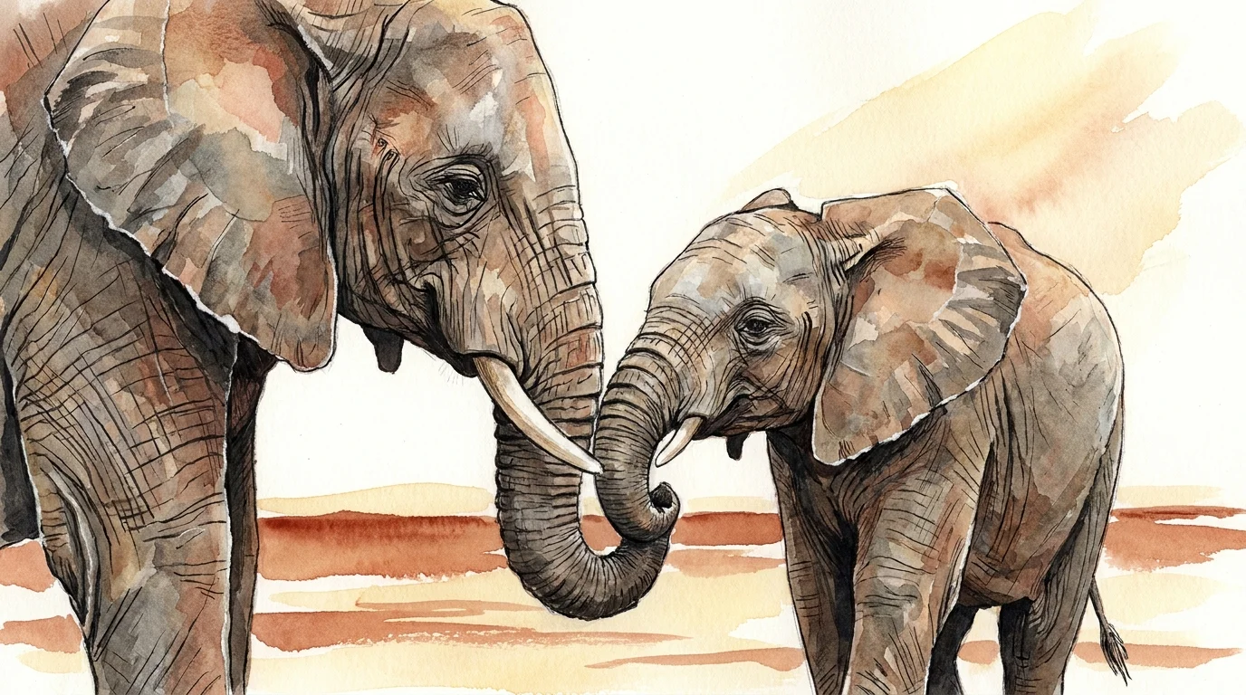 A watercolor and collage illustration of two elephants touching trunks against a warm Savannah background.