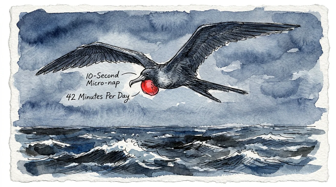 A watercolor illustration of a frigatebird soaring over the ocean with labels highlighting its 10-second micro-naps.